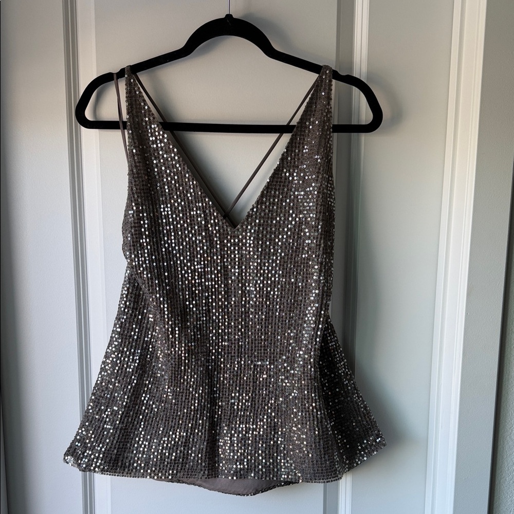 Express Silver Sequin V-Neck Peplum Camisole